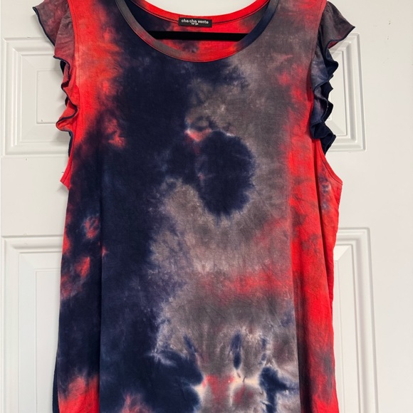 cha cha vente Tops - Cha Cha Vente Red and Blue Tie-Dye Ruffle Top